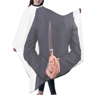 Personality  Businessman Holding Knife Behind His Back. Hair Cutting Cape