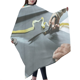 Personality  Cropped Image Of Male Handbag Craftsman Cutting Leather By Scissors At Workshop Hair Cutting Cape
