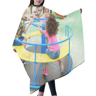 Personality  Happy Adorable Little Children Riding On Carousel At Playground  Hair Cutting Cape