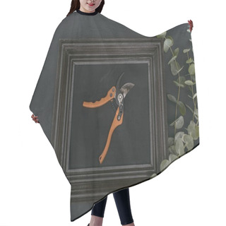 Personality  Top View Of Vintage Wooden Frame With Garden Shears And Eucalyptus Over Black Background Hair Cutting Cape