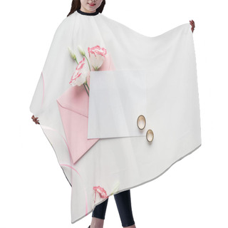 Personality  Top View Of Empty Card With Pink Envelope, Flowers, Silk Ribbon And Golden Wedding Rings On Grey Background Hair Cutting Cape