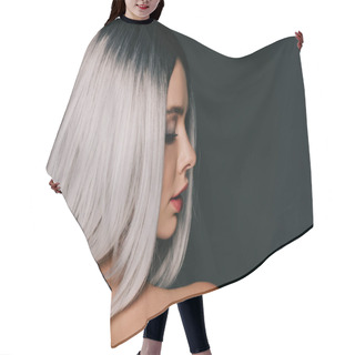 Personality  Attractive Glamor Girl Posing In Grey Wig, Isolated On Black Hair Cutting Cape