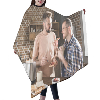 Personality  Gay Couple Having Breakfast  Hair Cutting Cape
