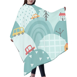 Personality  Cute Cars, Hills, House Scandinavian Baby Pattern. Seamless Vector Abstract Childish Prints For Fabric, Textile, Wrapping Paper, Apparel, Nursery. Hair Cutting Cape