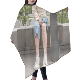 Personality  Cropped View Of Skater With Adhesive Plasters On Injured Knee Sitting On Border Bench Hair Cutting Cape