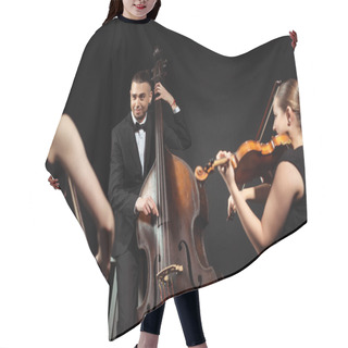 Personality  Trio Of Happy Musicians Playing On Double Bass And Violins Isolated On Black Hair Cutting Cape