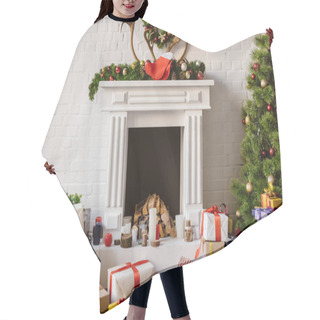 Personality  Festive Decorations Over Fireplace With Gift Boxes And Christmas Tree Hair Cutting Cape