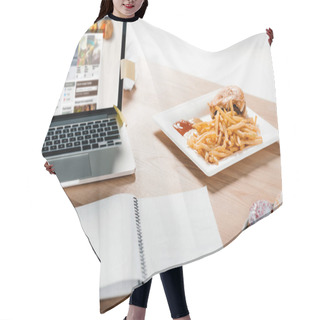 Personality  Laptop With Website, Notepad, Donuts And Hamburger With French Fries At Workplace  Hair Cutting Cape