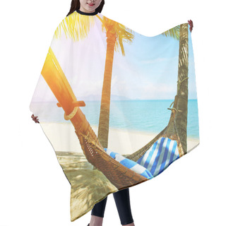 Personality  Beautiful Beach.  Hammock Between Two Palm Trees On The Beach. Holiday And Vacation Concept. Tropical Beach. Hair Cutting Cape