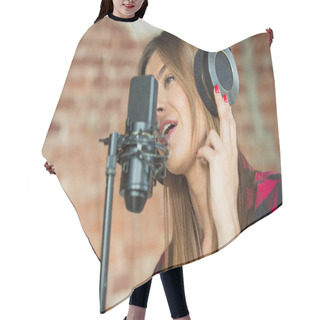 Personality  Woman In Headphones Recording Music, Singing Or Making Broadcast Internet Tutorial While Sitting In Loft Workplace Or At Home Hair Cutting Cape