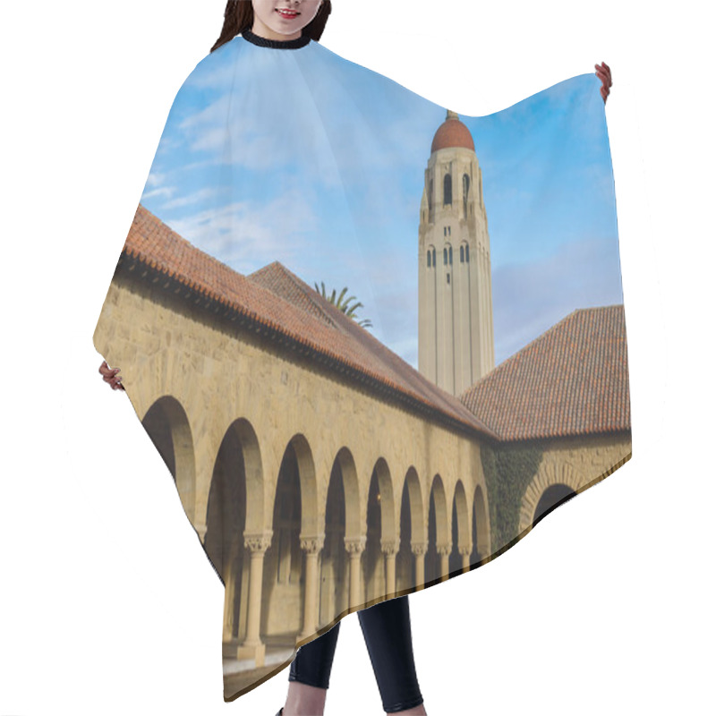 Personality  Palo Alto, California - January 22, 2021: Hoover Tower Via The Memorial Court Of Main Quad In Stanford University Hair Cutting Cape