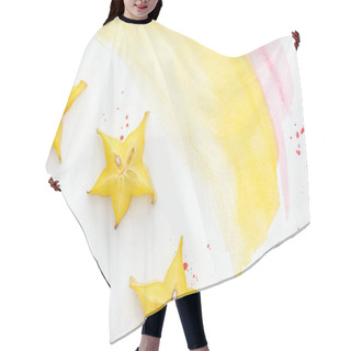 Personality  Top View Of Yummy Carambolas On White Surface With Yellow And Pink Watercolors Hair Cutting Cape