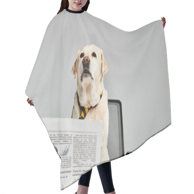 Personality  A Dog Attentively Sits At A Desk, Reading A Newspaper. Hair Cutting Cape