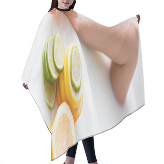 Personality  Partial View Of Woman Taking Milk Bath Near Slices Of Fresh Citruses, Banner Hair Cutting Cape
