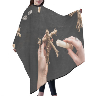 Personality  Top View Of Woman Holding Burning Candle Near Voodoo Doll, Runes, Skull And Crystals On Black  Hair Cutting Cape