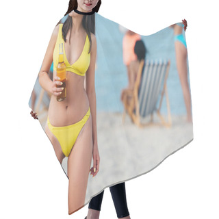Personality  Cropped View Of Young Woman In Swimsuit Holding Bottle Of Beer While Standing On Beach Hair Cutting Cape