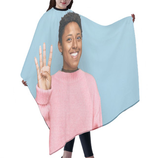 Personality  Young African American Woman Wearing Casual Clothes Showing And Pointing Up With Fingers Number Four While Smiling Confident And Happy.  Hair Cutting Cape