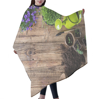 Personality  Gardening Tools And Flowers On Wooden Background Hair Cutting Cape