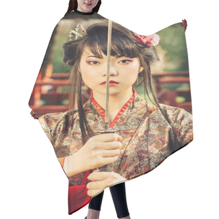 Personality  Beautiful Geisha In Kimono With Samurai Sword Hair Cutting Cape