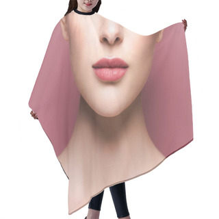 Personality  Cropped View Of Young Woman With Lipstick On Lips On Pink  Hair Cutting Cape