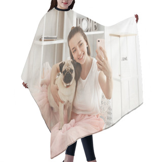 Personality  Teenage Girl Taking Selfie With Cute Pug Dog At Home Hair Cutting Cape