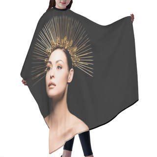 Personality  Glamorous Woman In Golden Headpiece Hair Cutting Cape
