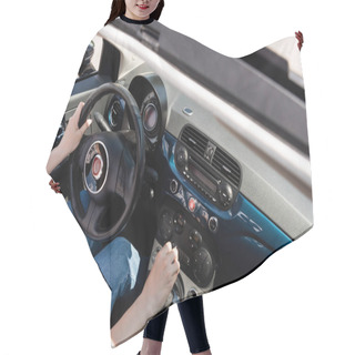 Personality  Cropped View Of Woman In Jeans Driving Car  Hair Cutting Cape