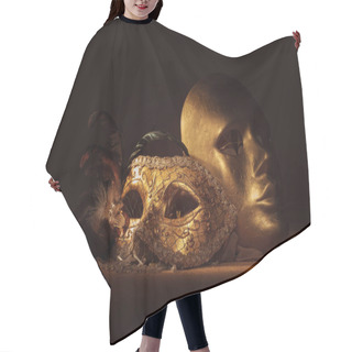 Personality   Two Golden Venetian Masks  Hair Cutting Cape