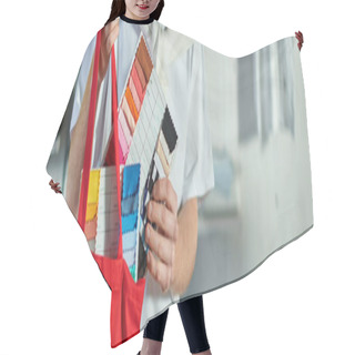 Personality  Cropped View Of Young Craftsman In Casual Clothes Putting Cloth Samples In Shoulder Bag In Blurred Print Studio At Background, Self-made Success Concept, Banner  Hair Cutting Cape
