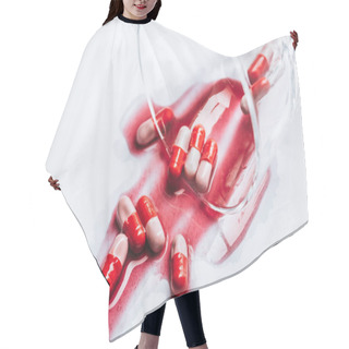 Personality  Overturned Glass And Wet Pills In Red Spills Of Water On White Background, Suicide Prevention Concept Hair Cutting Cape