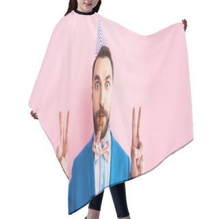 Personality  Panoramic Shot Of Businessman In Party Cap Holding Party Blower In Mouth And Showing Peace Sign Isolated On Pink  Hair Cutting Cape