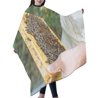 Personality  Honeycomb Frame With Bees In Hand Of Cropped Bee Master On Blurred Background Hair Cutting Cape