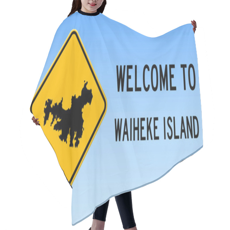 Personality  Waiheke Island Map On Road Sign Wide Poster With Waiheke Island Island Map On Yellow Rhomb Road Hair Cutting Cape