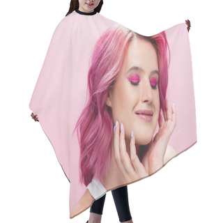 Personality  Young Woman With Colorful Hair And Makeup Posing With Hands Near Face Isolated On Pink Hair Cutting Cape