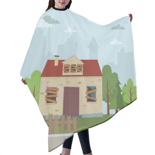 Personality  Abandoned House. Flat Design. Hair Cutting Cape