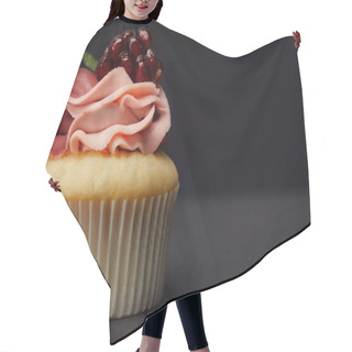 Personality  Cupcake With Garnet On Grey Surface Isolated On Black Hair Cutting Cape
