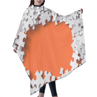 Personality  Top View Of Frame Of White Jigsaw Puzzle Pieces On Orange Hair Cutting Cape