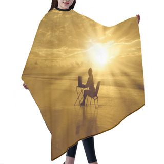 Personality  Girl-with-laptop-at-sunset-on-the-beach Hair Cutting Cape
