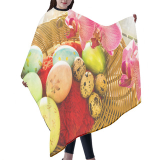 Personality  Easter And Quail Eggs In A Wicker Basket With Orchid, Soft Light Hair Cutting Cape