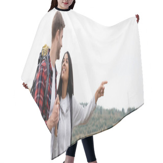 Personality  Smiling African American Woman Pointing With Finger And Holding Hand Of Boyfriend During Trip, Banner  Hair Cutting Cape