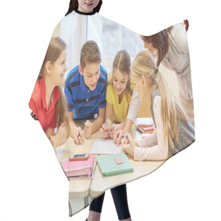 Personality  Group Of School Kids Writing Test In Classroom Hair Cutting Cape