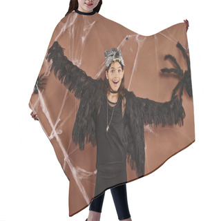 Personality  Happy Girl With Opened Arms In Black Faux Fur Attire With Spiderweb On Brown Background, Halloween Hair Cutting Cape