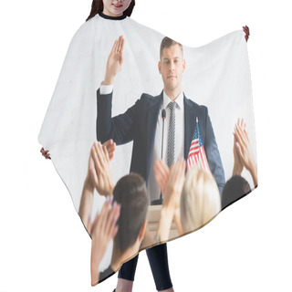 Personality  Confident Candidate Showing Swear Gesture In Front Of Applauding Voters In Conference Room Hair Cutting Cape