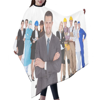 Personality  Workers Of Different Professions Together On White Hair Cutting Cape