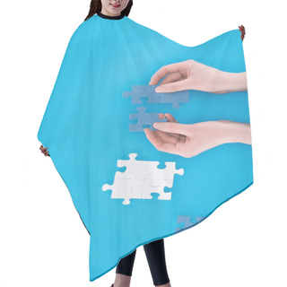 Personality  Cropped Image Of Businesswoman Assembling Blue Puzzles Isolated On Blue, Business Concept Hair Cutting Cape