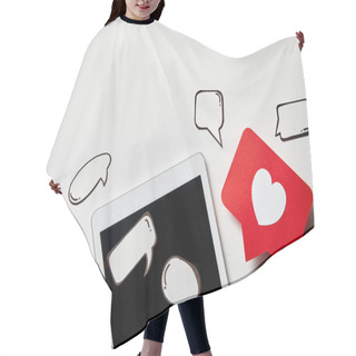 Personality  Digital Tablet With Paper Like Sign, Thought And Speech Bubbles On White Surface Hair Cutting Cape