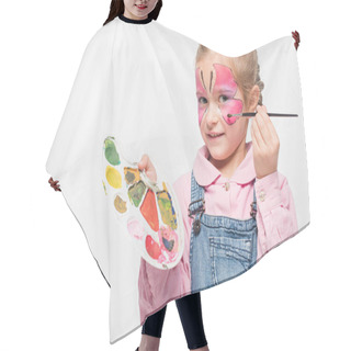 Personality  Smiling Child With Butterfly Painting On Face Holding Palette And Paintbrush Isolated On White Hair Cutting Cape