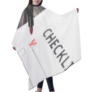 Personality  Close Up Of Checklist Near Red Marker Pen  Hair Cutting Cape