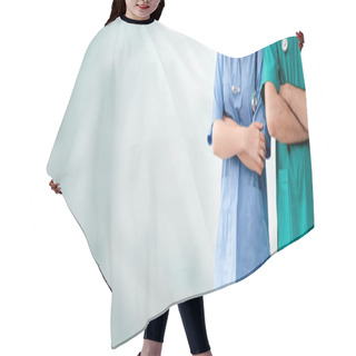 Personality  Two Hospital Staffs - Surgeon, Doctor Or Nurse Standing With Arms Crossed In The Hospital. Medical Healthcare And Doctor Service. Hair Cutting Cape