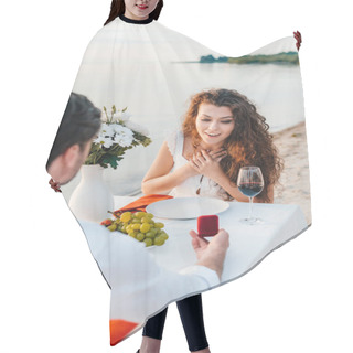Personality  Man Making Propose With Ring To Excited Girl In Romantic Date Outdoors Hair Cutting Cape